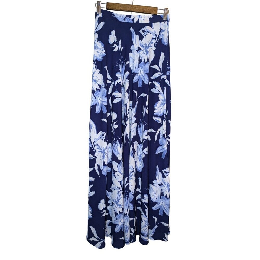 Lulus Floral Maxi Skirt Medium Blue High Rise Coastal Beach Resort Vacation